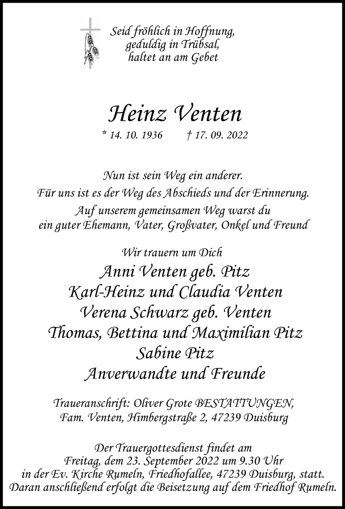  Traueranzeige für Heinz Venten vom 21.09.2022 aus Wetzlarer Neue Zeitung