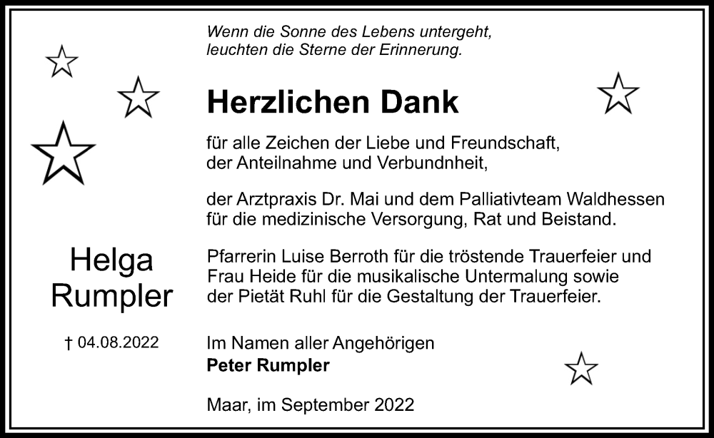  Traueranzeige für Helga Rumpler vom 17.09.2022 aus OK Oberhessen Kurier