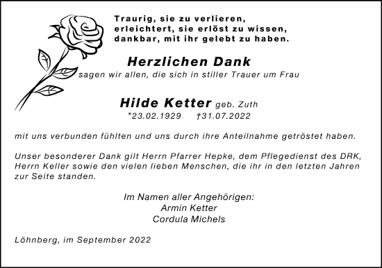 Traueranzeige von Hilde Ketter von Weilburger Tageblatt