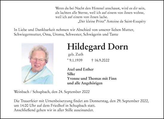 Traueranzeige von Hildegard Dorn von Weilburger Tageblatt