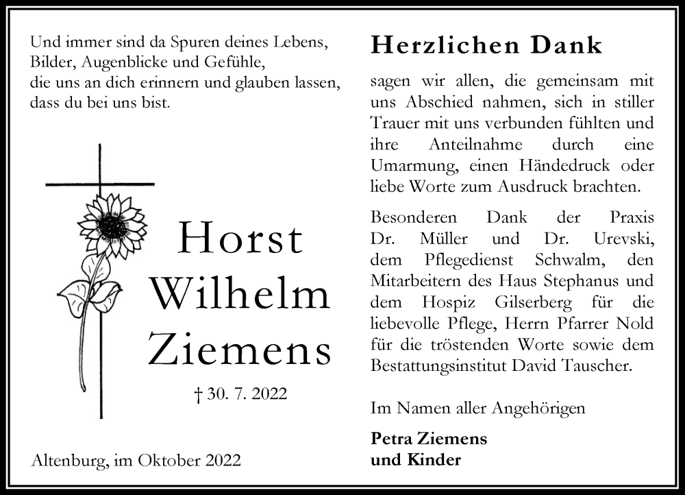  Traueranzeige für Horst Wilhelm Ziemens vom 01.10.2022 aus OK Oberhessen Kurier