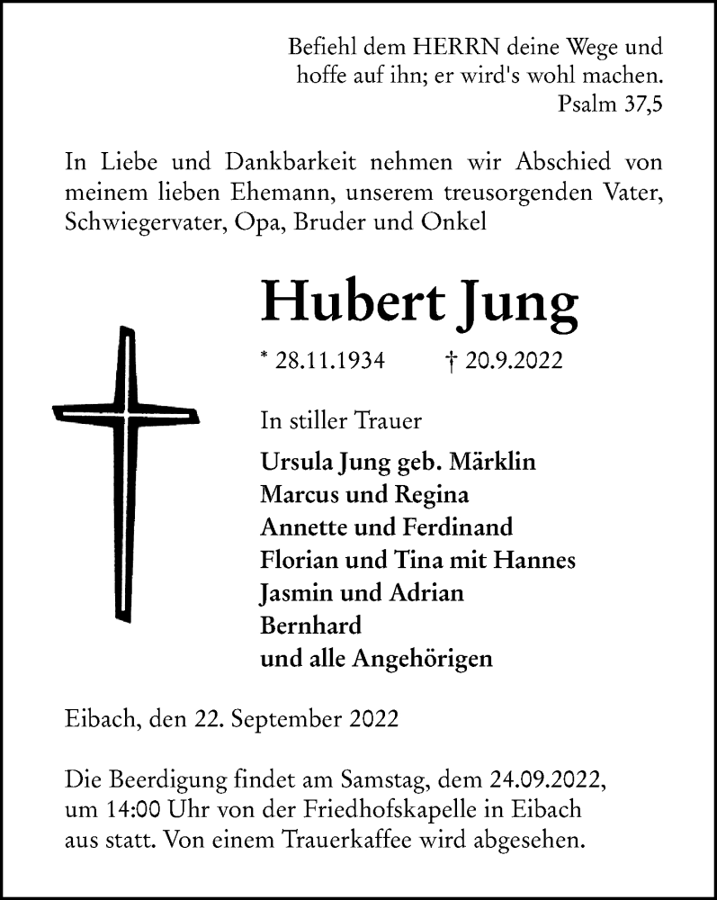  Traueranzeige für Hubert Jung vom 22.09.2022 aus Dill Block