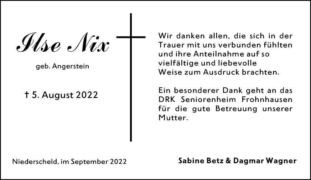  Traueranzeige für Ilse Nix vom 02.09.2022 aus Dill Block