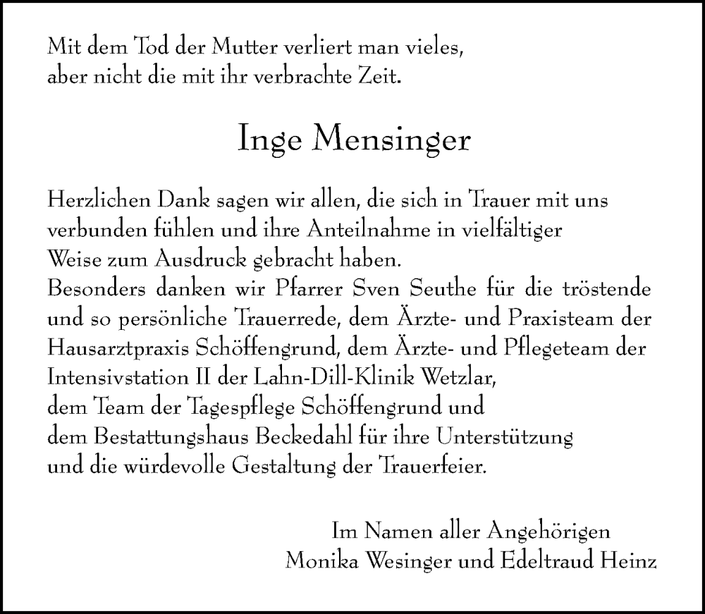  Traueranzeige für Inge Mensinger vom 17.09.2022 aus Wetzlarer Neue Zeitung