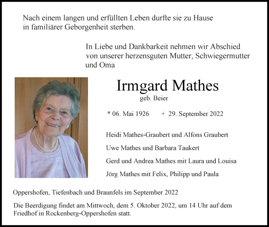 Traueranzeige von Irmgard Mathes von Wetzlarer Neue Zeitung