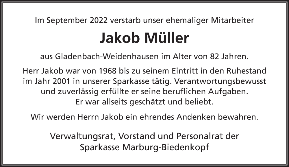  Traueranzeige für Jakob Müller vom 26.09.2022 aus Hinterländer Anzeiger