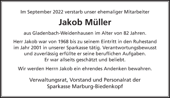 Traueranzeige von Jakob Müller von Hinterländer Anzeiger