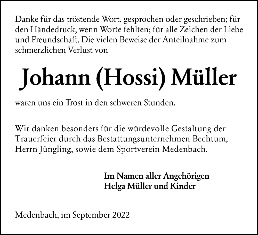  Traueranzeige für Johann Müller vom 24.09.2022 aus Dill Block