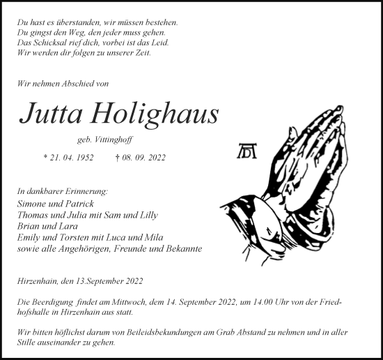Traueranzeige von Jutta Holighaus von Dill Block