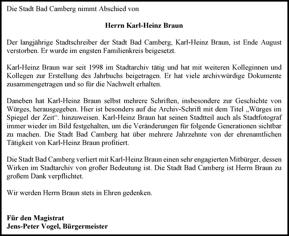  Traueranzeige für Karl-Heinz Braun vom 22.09.2022 aus Camberger Anzeiger