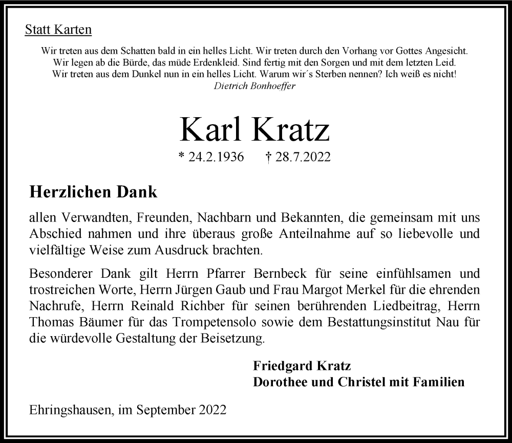 Traueranzeige für Karl Kratz vom 10.09.2022 aus OK Oberhessen Kurier