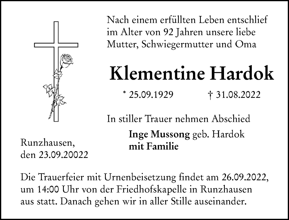  Traueranzeige für Klementine Hardok vom 23.09.2022 aus Hinterländer Anzeiger