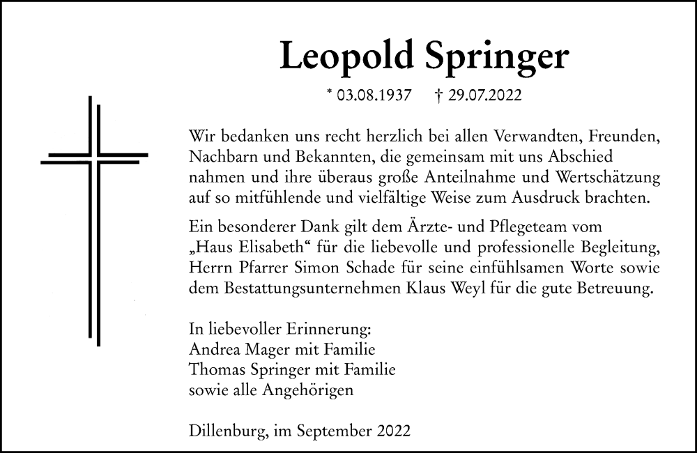  Traueranzeige für Leopold Springer vom 24.09.2022 aus Dill Block