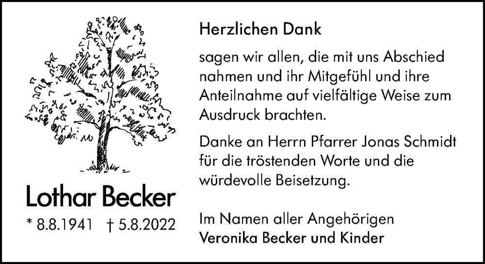  Traueranzeige für Lothar Becker vom 01.10.2022 aus Dill Block