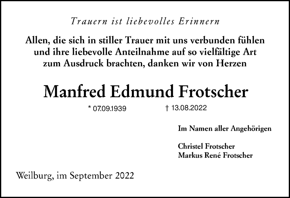  Traueranzeige für Manfred Edmund Frotscher vom 07.09.2022 aus Weilburger Tageblatt