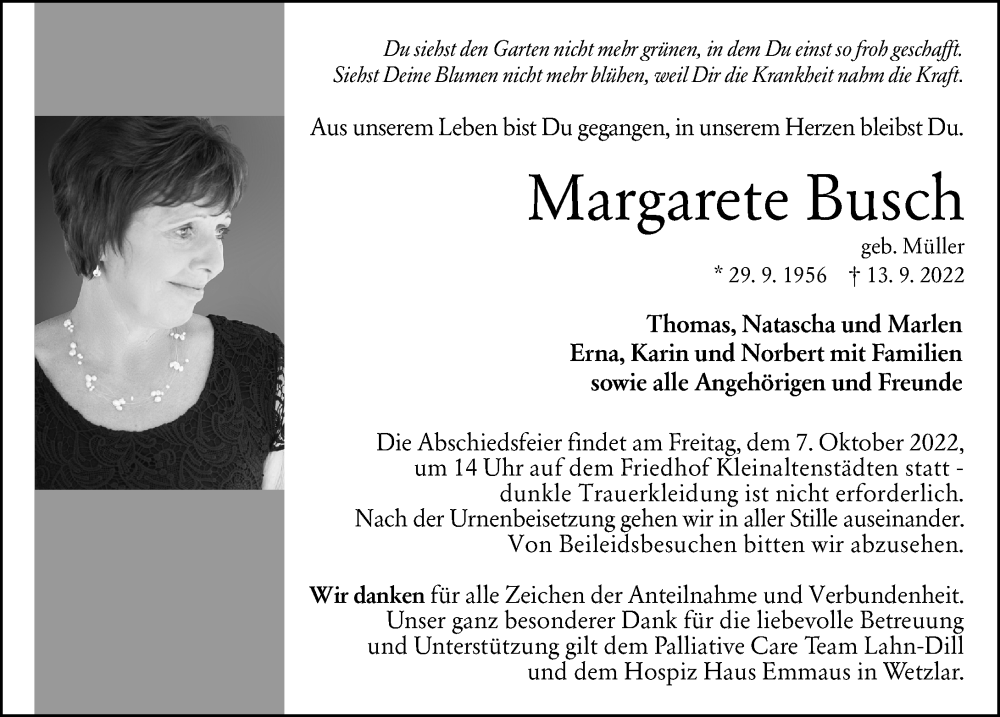  Traueranzeige für Margarete Busch vom 01.10.2022 aus Wetzlarer Neue Zeitung
