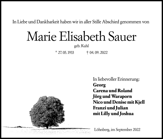Traueranzeige von Marie Elisabeth Sauer von Weilburger Tageblatt