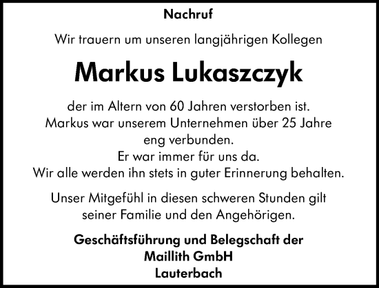 Traueranzeige von Markus Lukaszczyk von Lauterbacher Anzeiger