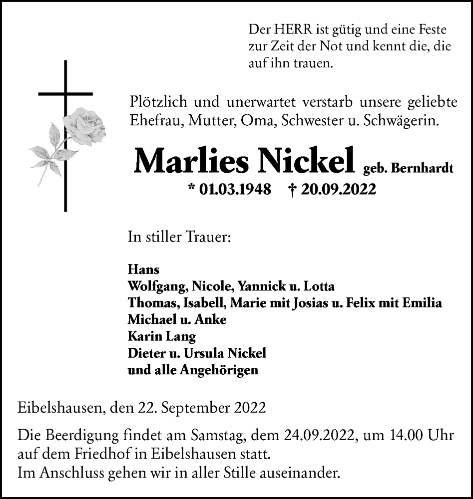  Traueranzeige für Marlies Nickel vom 22.09.2022 aus Dill Block