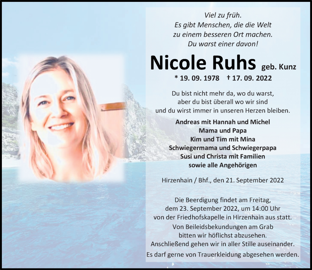  Traueranzeige für Nicole Ruhs vom 21.09.2022 aus Dill Block