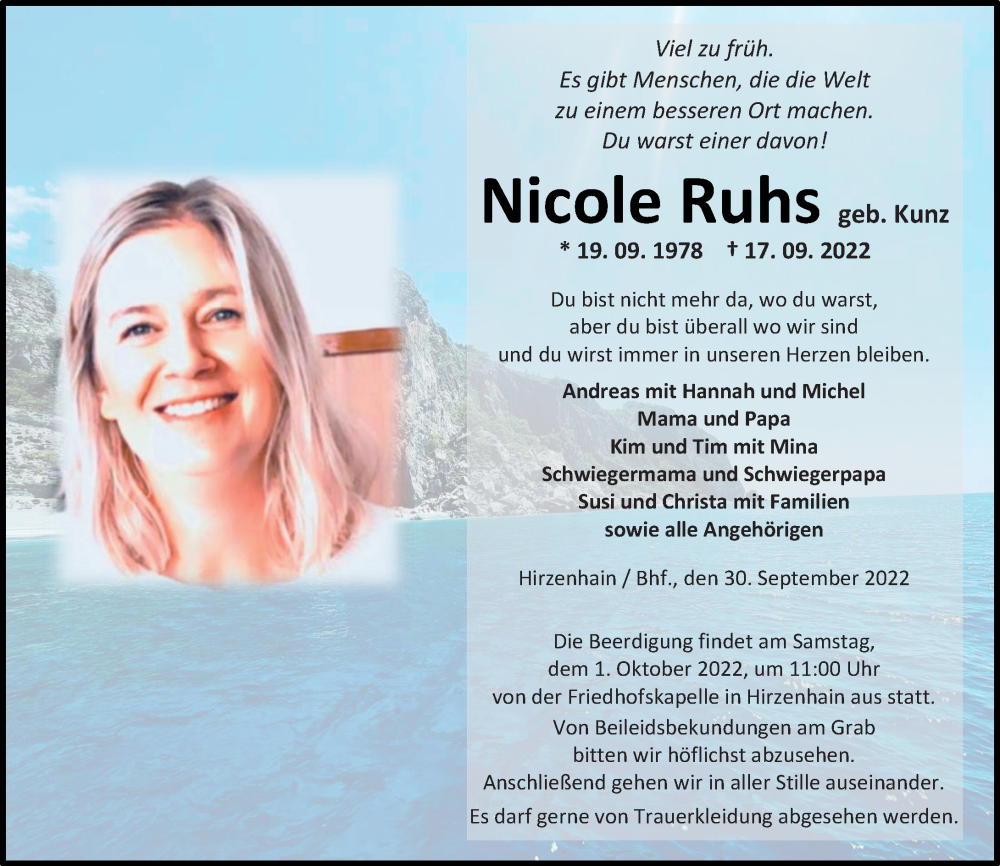  Traueranzeige für Nicole Ruhs vom 30.09.2022 aus Dill Block