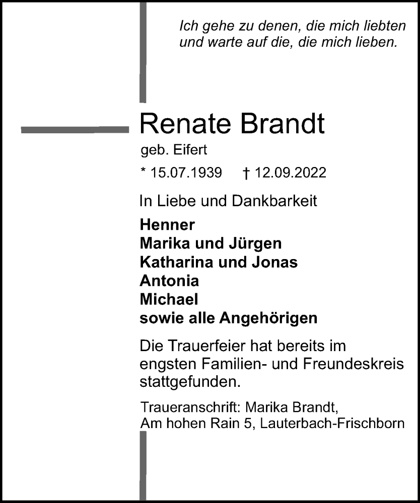  Traueranzeige für Renate Brandt vom 23.09.2022 aus Lauterbacher Anzeiger