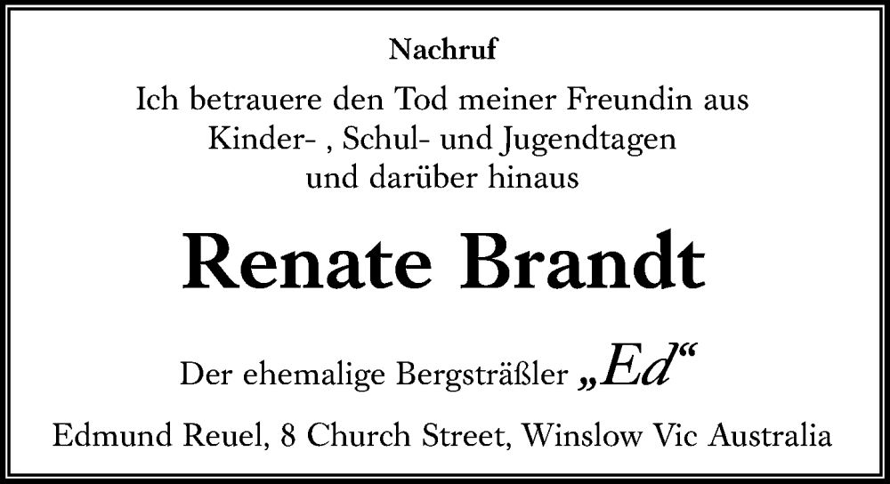  Traueranzeige für Renate Brandt vom 23.09.2022 aus Lauterbacher Anzeiger