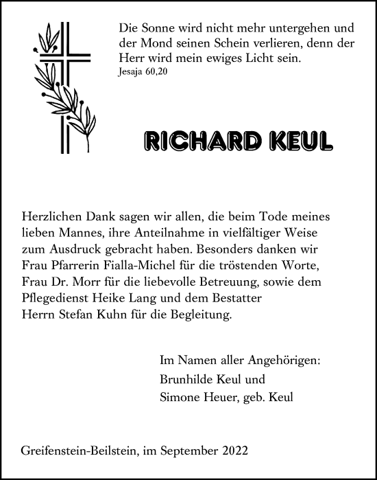 Traueranzeige von Richard Keul von Wetzlarer Neue Zeitung