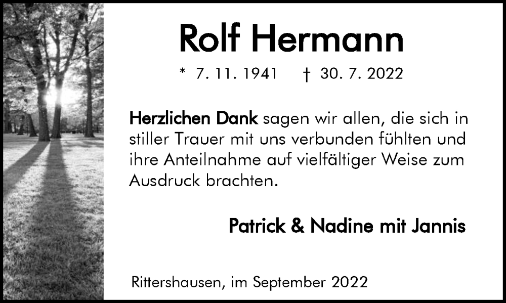  Traueranzeige für Rolf Hermann vom 10.09.2022 aus Dill Block