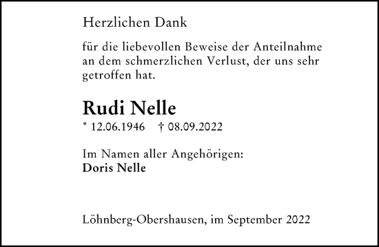 Traueranzeige von Rudi Nelle von Weilburger Tageblatt