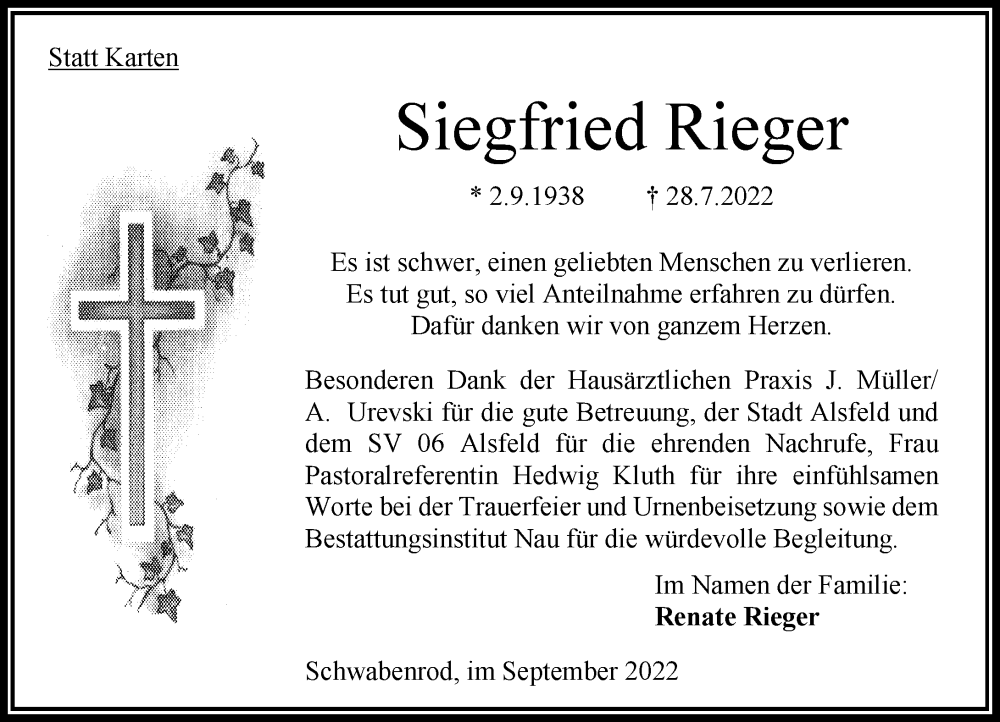  Traueranzeige für Siegfried Rieger vom 03.09.2022 aus OK Oberhessen Kurier
