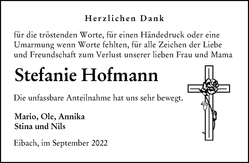  Traueranzeige für Stefanie Hofmann vom 21.09.2022 aus Dill Block