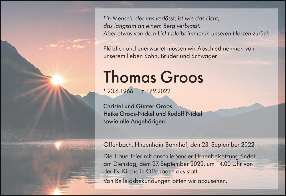  Traueranzeige für Thomas Groos vom 23.09.2022 aus Dill Block