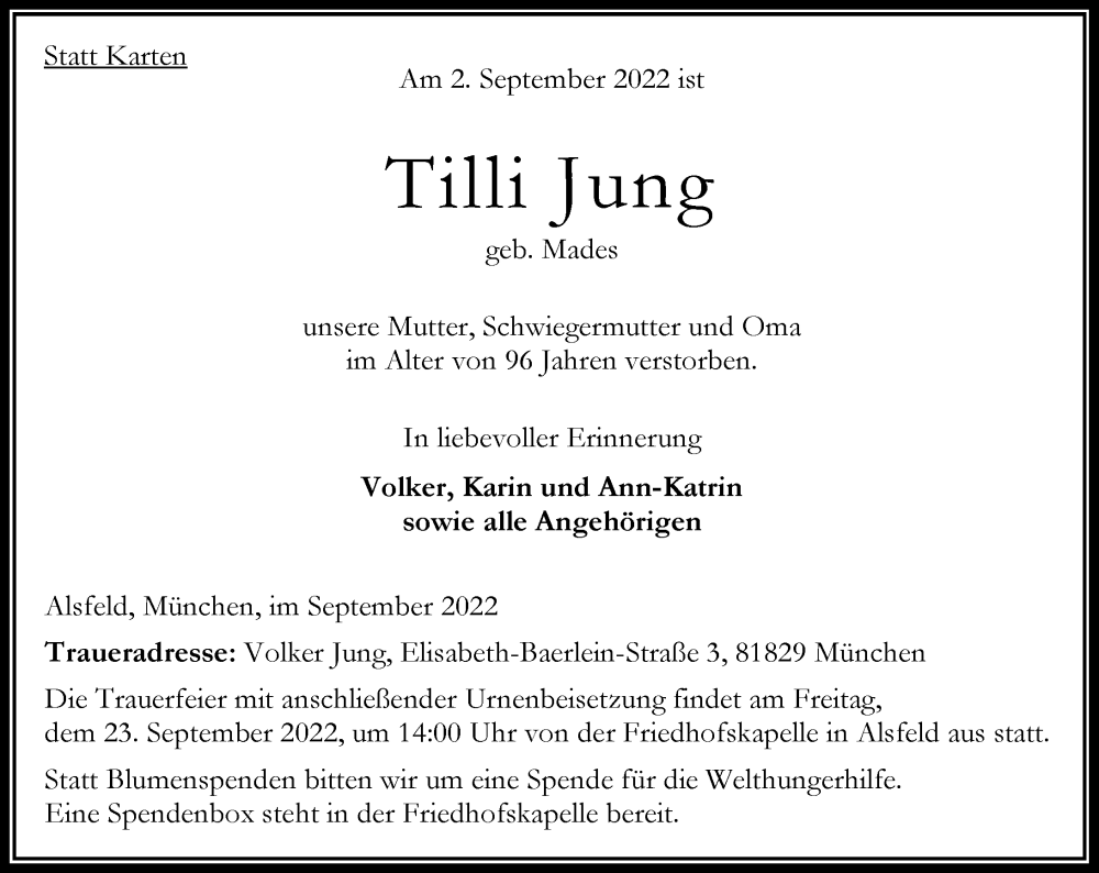  Traueranzeige für Tilli Jung vom 17.09.2022 aus Oberhessische Zeitung