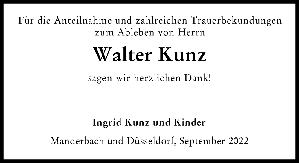  Traueranzeige für Walter Kunz vom 17.09.2022 aus Dill Block
