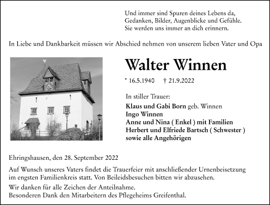 Traueranzeige von Walter Winnen von Wetzlarer Neue Zeitung