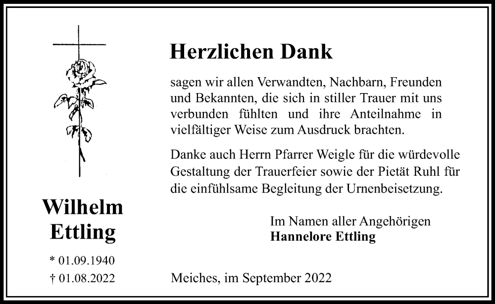  Traueranzeige für Wihelm Ettling vom 24.09.2022 aus Lauterbacher Anzeiger