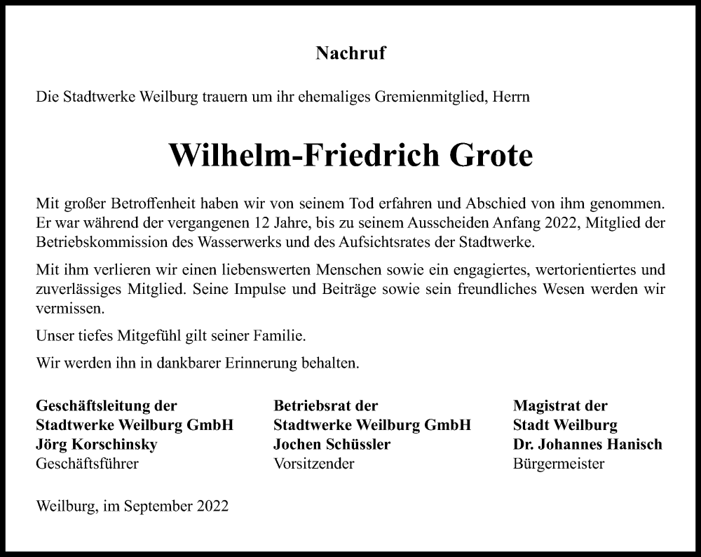  Traueranzeige für Wilhelm-Friedrich Grote vom 17.09.2022 aus Weilburger Tageblatt