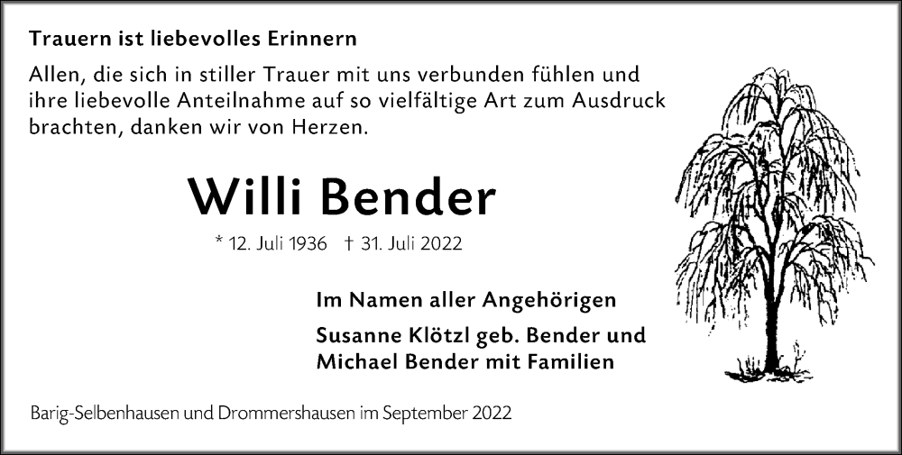  Traueranzeige für Willi Bender vom 10.09.2022 aus Weilburger Tageblatt