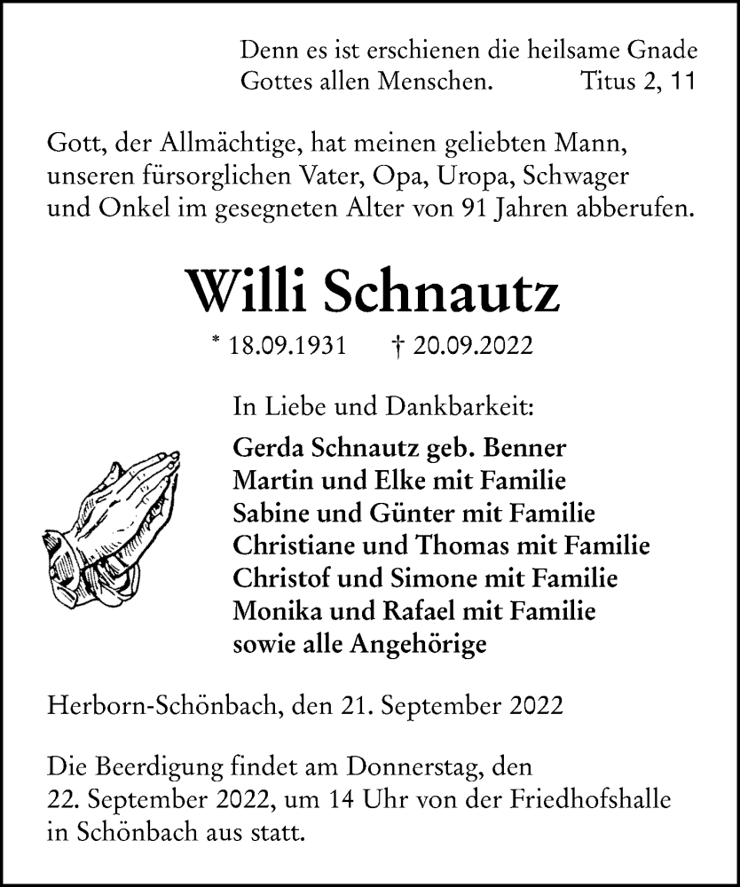  Traueranzeige für Willi Schnautz vom 21.09.2022 aus Dill Block