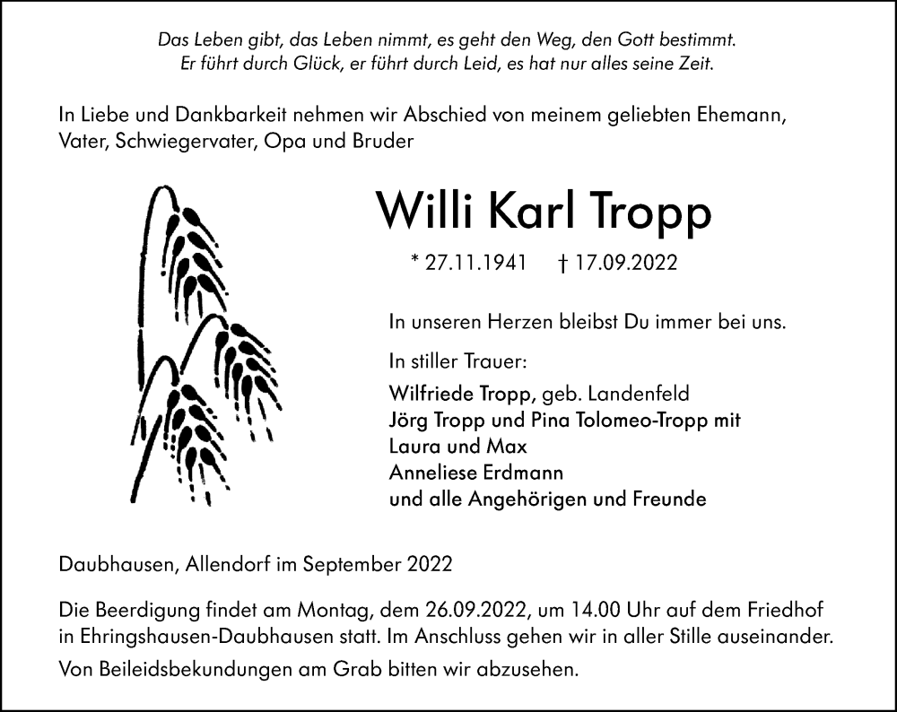  Traueranzeige für Willi Karl Tropp vom 22.09.2022 aus Wetzlarer Neue Zeitung