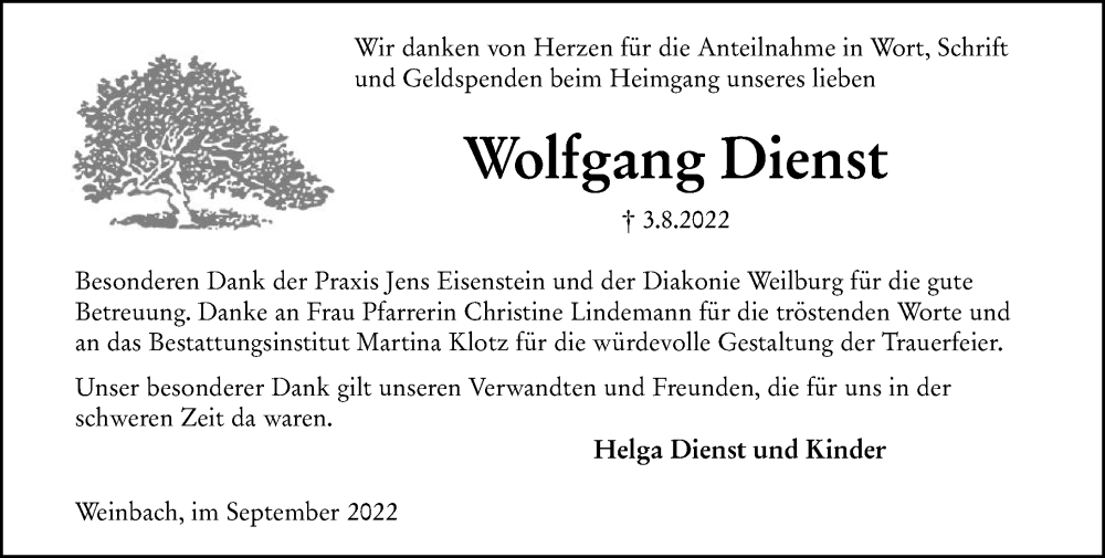  Traueranzeige für Wolfgang Dienst vom 10.09.2022 aus Weilburger Tageblatt