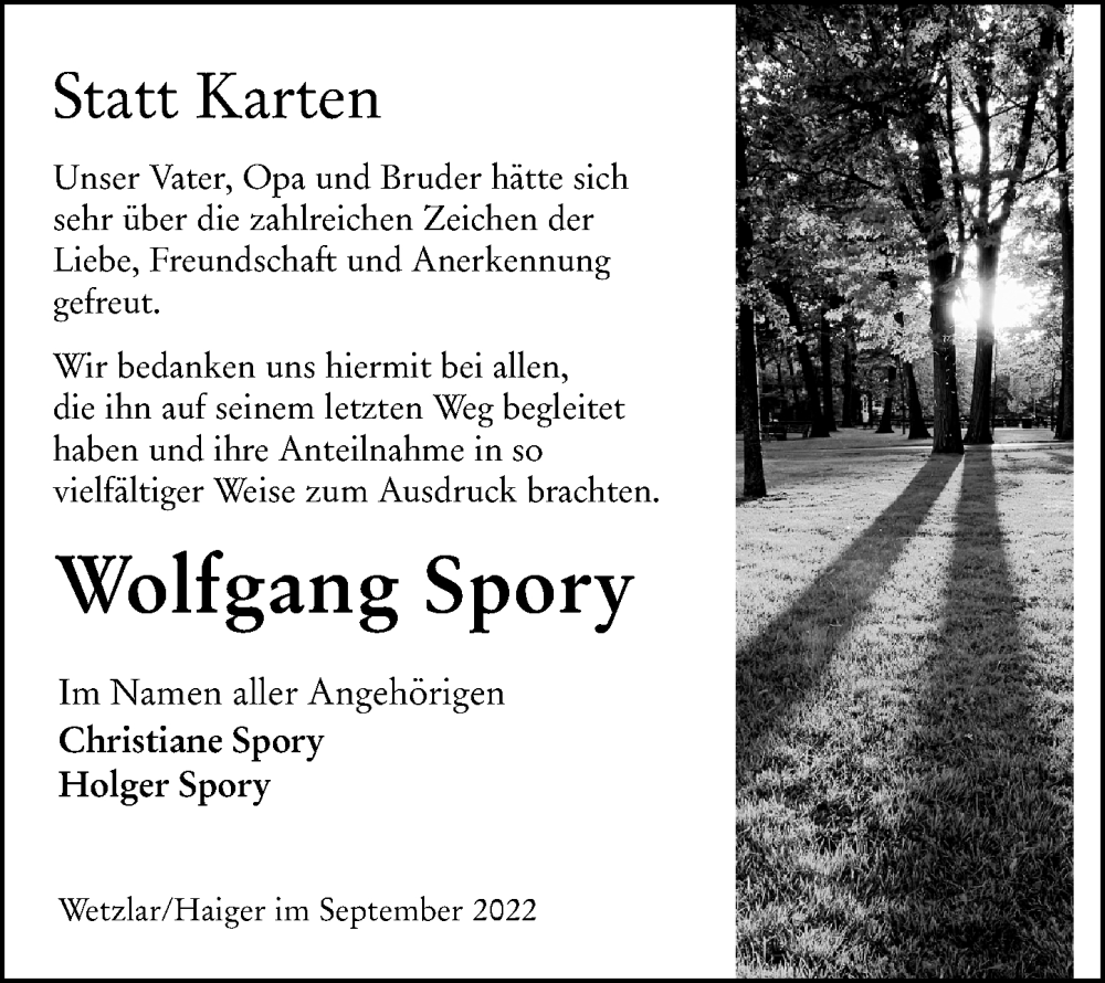  Traueranzeige für Wolfgang Spory vom 24.09.2022 aus Wetzlarer Neue Zeitung