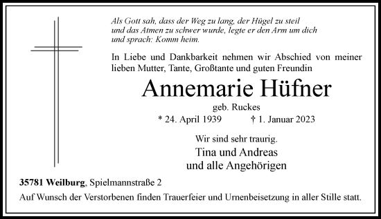 Traueranzeige von Annemarie Hüfner von Weilburger Tageblatt