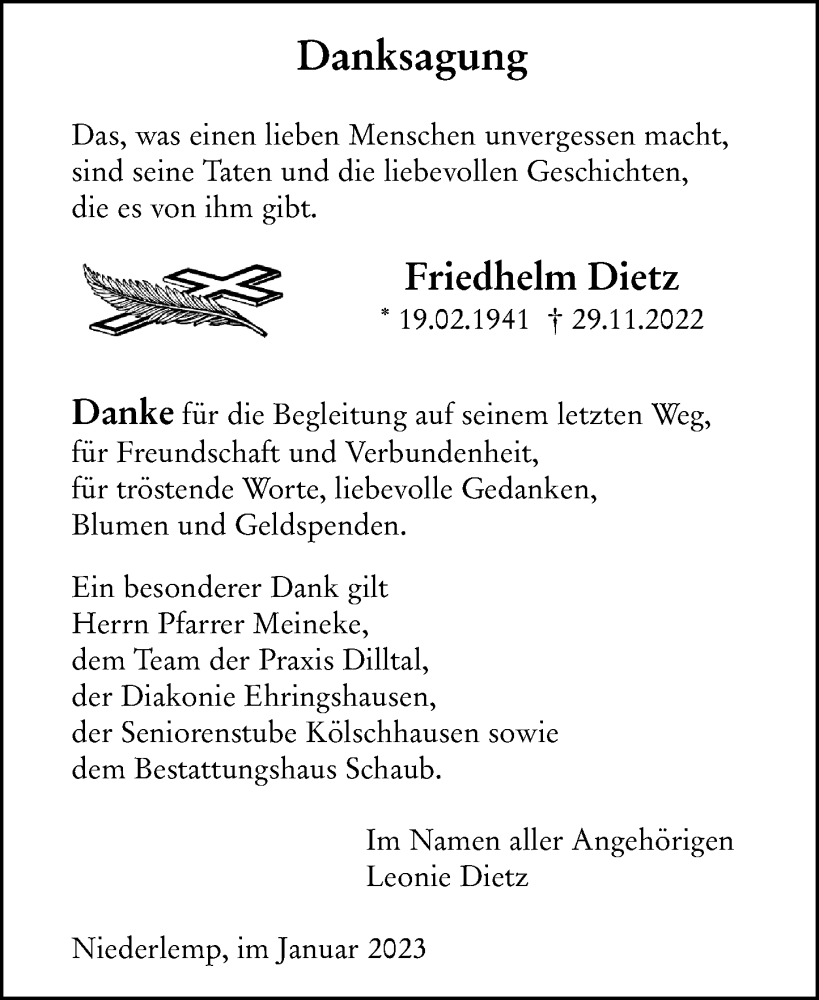  Traueranzeige für Friedhelm Dietz vom 04.01.2023 aus Wetzlarer Neue Zeitung