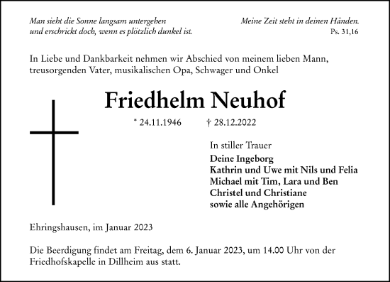 Traueranzeige von Friedhelm Neuhof von Wetzlarer Neue Zeitung