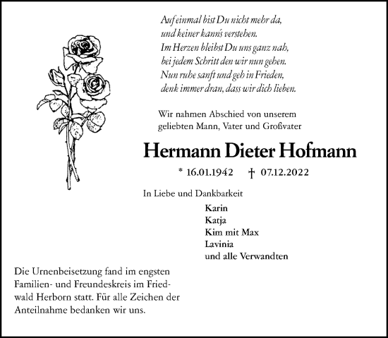 Traueranzeige von Hermann Dieter Hofmann von Dill Block