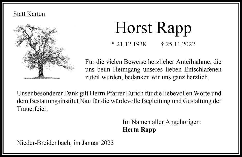  Traueranzeige für Horst Rapp vom 07.01.2023 aus OK Oberhessen Kurier