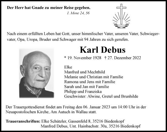 Traueranzeige von Karl Debus von Hinterländer Anzeiger