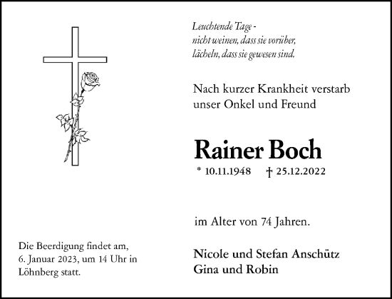 Traueranzeige von Rainer Boch von Weilburger Tageblatt